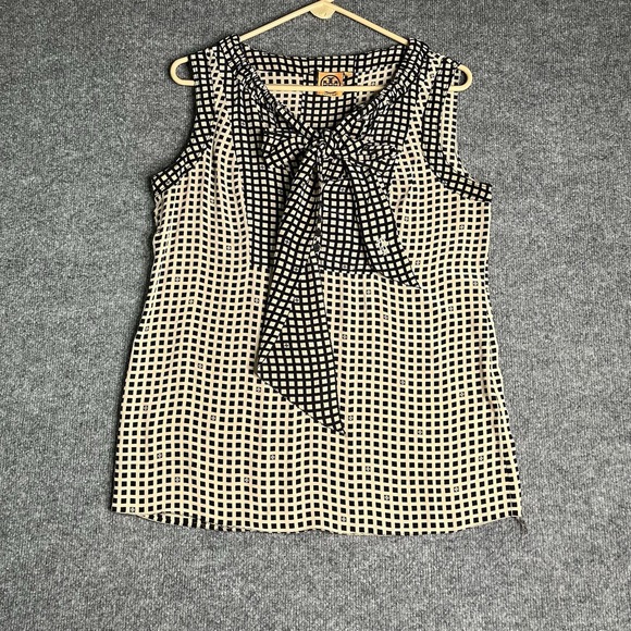 Tory Burch Tops - Tory Burch Silk Top Size 10 Sleeveless Bow Tie Neck Geometric Chic Office